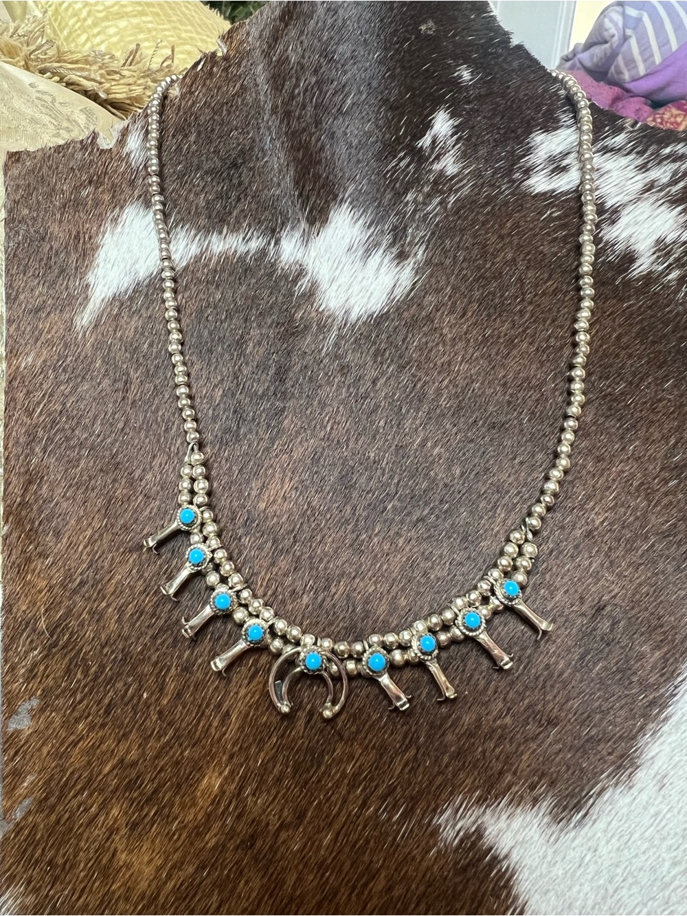 Navajo Larry Curley Mini Turquoise Squash Blossom Necklace Sterling Silver